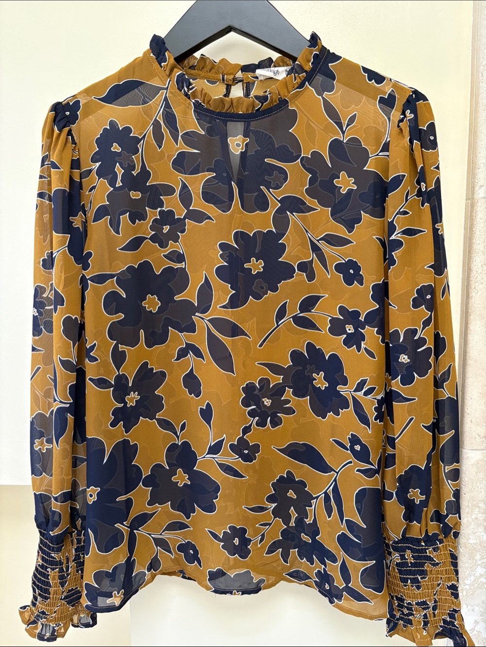 everleigh Sheer Mustard and Navy Floral Ruffle-Neck Blouse
